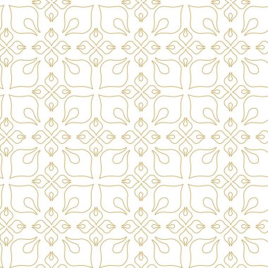 Kareler, haçlar, çizgiler ve çizgilerle soyut geometrik desen. Kusursuz vektör arkaplanı. Beyaz ve altın süs. Modern retiküle grafik tasarımı.