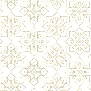 Kareler, haçlar, çizgiler ve çizgilerle soyut geometrik desen. Kusursuz vektör arkaplanı. Beyaz ve altın süs. Modern retiküle grafik tasarımı.