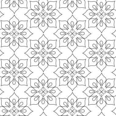 Kareler, haçlar, çizgiler ve çizgilerle soyut geometrik desen. Kusursuz vektör arkaplanı. Beyaz ve siyah süs. Modern retiküle grafik tasarımı.