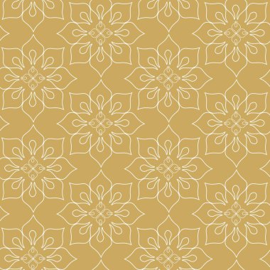 Kareler, haçlar, çizgiler ve çizgilerle soyut geometrik desen. Kusursuz vektör arkaplanı. Beyaz ve altın süs. Modern retiküle grafik tasarımı.