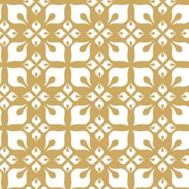 Kareler, haçlar, çizgiler ve çizgilerle soyut geometrik desen. Kusursuz vektör arkaplanı. Beyaz ve altın süs. Modern retiküle grafik tasarımı.