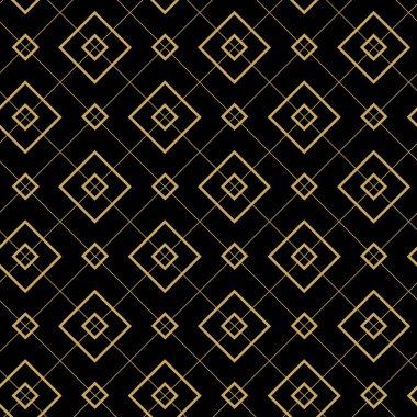 Kareler, haçlar, çizgiler ve çizgilerle soyut geometrik desen. Kusursuz vektör arkaplanı. Siyah ve altın süs. Modern retiküle grafik tasarımı.