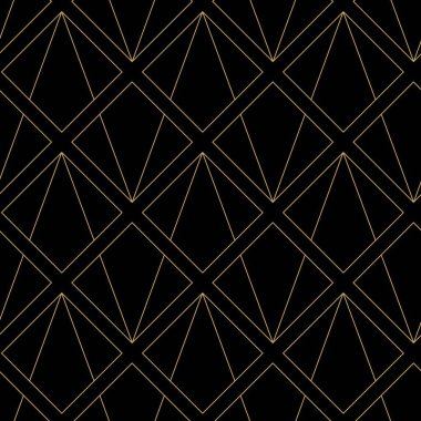 Kareler, haçlar, çizgiler ve çizgilerle soyut geometrik desen. Kusursuz vektör arkaplanı. Siyah ve altın süs. Modern retiküle grafik tasarımı.