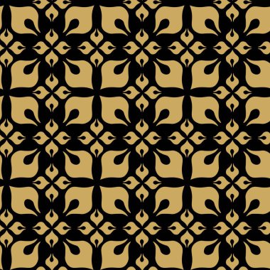 Kareler, haçlar, çizgiler ve çizgilerle soyut geometrik desen. Kusursuz vektör arkaplanı. Siyah ve altın süs. Modern retiküle grafik tasarımı.