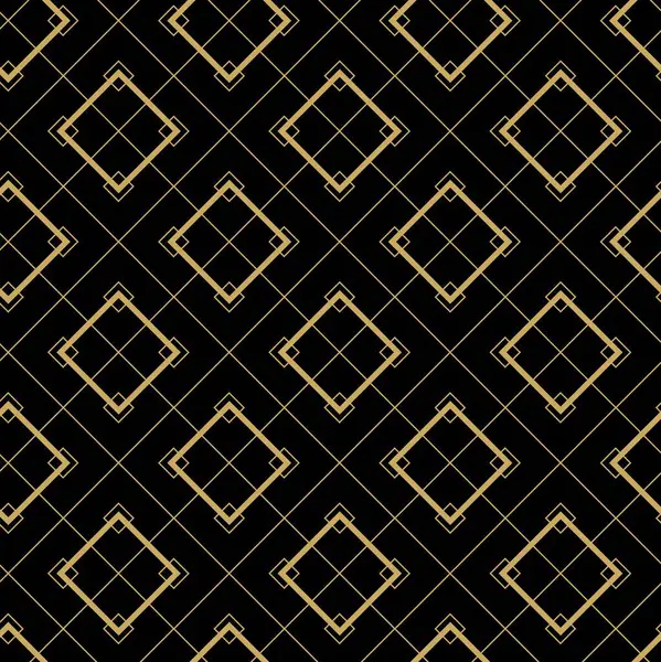 Kareler, haçlar, çizgiler ve çizgilerle soyut geometrik desen. Kusursuz vektör arkaplanı. Siyah ve altın süs. Modern retiküle grafik tasarımı.