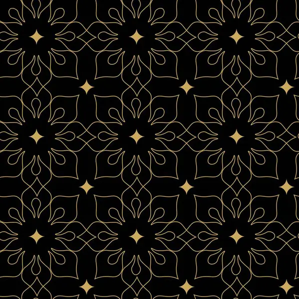 Kareler, haçlar, çizgiler ve çizgilerle soyut geometrik desen. Kusursuz vektör arkaplanı. Siyah ve altın süs. Modern retiküle grafik tasarımı.