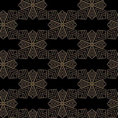 Haçlı, çizgili, çizgili soyut geometrik desen. Kusursuz vektör arkaplanı. Siyah ve altın süs. Modern retiküle grafik tasarımı.