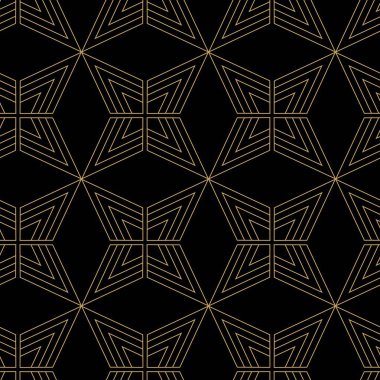 Haçlı, çizgili, çizgili soyut geometrik desen. Kusursuz vektör arkaplanı. Siyah ve altın süs. Modern retiküle grafik tasarımı.