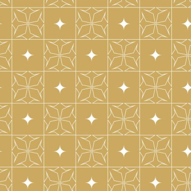 Haçlı, çizgili, çizgili soyut geometrik desen. Kusursuz vektör arkaplanı. Beyaz ve altın süs. Modern retiküle grafik tasarımı.