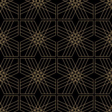 Haçlı, çizgili, çizgili soyut geometrik desen. Kusursuz vektör arkaplanı. Siyah ve altın süs. Modern retiküle grafik tasarımı.