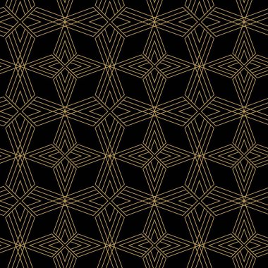 Haçlı, çizgili, çizgili soyut geometrik desen. Kusursuz vektör arkaplanı. Siyah ve altın süs. Modern retiküle grafik tasarımı.