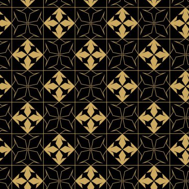 Haçlı, çizgili, çizgili soyut geometrik desen. Kusursuz vektör arkaplanı. Siyah ve altın süs. Modern retiküle grafik tasarımı.