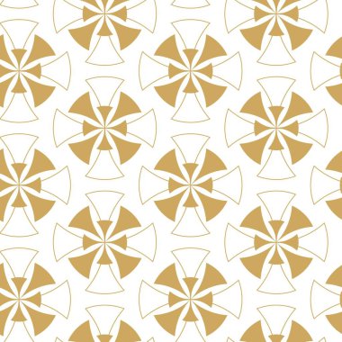 Haçlı, çizgili, çizgili soyut geometrik desen. Kusursuz vektör arkaplanı. Beyaz ve altın süs. Modern retiküle grafik tasarımı.