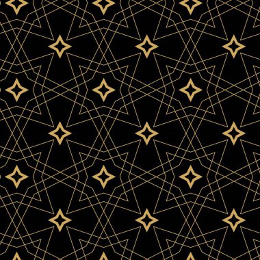 Haçlı, çizgili, çizgili soyut geometrik desen. Kusursuz vektör arkaplanı. Siyah ve altın süs. Modern retiküle grafik tasarımı.