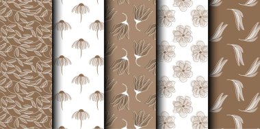 Bitkilerin vektörsüz desenleri. Güzellik ürünleri, duvar kağıtları ya da diğerleri için çiçek ve yaprak desenleri. Çiçek arkaplan. Vektör Mocha Mousse kusursuz illüstrasyon.