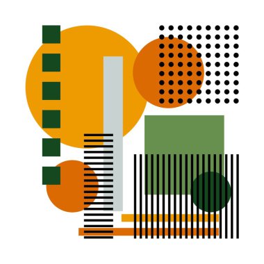 Broşür posterinin arka plan kapağı için Geometrik minimal tasarım. Sarı, yeşil ve turuncu renkli kavramsal arka plan. Çeşitli şekillerdeki renkli figürlerin soyut bileşimi.