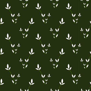 Koyu yeşil arka planda beyaz yapraklı dalları olan pürüzsüz bir desen. Çocuklar ve yetişkinler için mükemmel kumaş, not defterleri, kırtasiye malzemeleri ve doğadan esinlenilmiş ürün tasarımları.