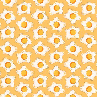 Kusursuz desenli, turuncu arka planda sade pişmiş yumurta çizgi filmi. Çocuk defterleri, mutfak tekstili, kawaii ambalajı, kahvaltı temalı ürünler ve kumaş baskıları için ideal..