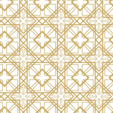 Beyaz zemin üzerinde altın çizgiler, kareler ve şekiller olan kusursuz soyut geometrik desen. Kumaş, duvar kağıtları, not defterleri, hediye paketi, ambalaj, kilim ve markalaşma için ideal..