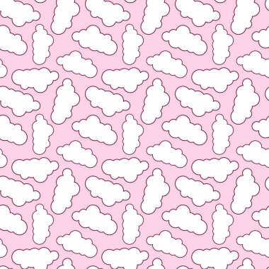 Pembe arka planda şirin beyaz karikatür bulutları olan kusursuz vektör deseni. Bebek kumaşı, bebek odası dekoru, çocuk defterleri, hediye paketi, duvar kağıtları ve kawaii temalı markalar için mükemmel..