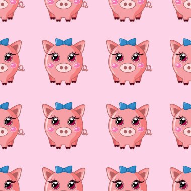 Pembe arka planda sevimli çizgi film domuzları olan kusursuz bir vektör deseni. Çocuk kumaşları, bebek ürünleri, okul malzemeleri, hediye paketi, çocuk dekoru ve kawaii tarzı tasarımlar için ideal..