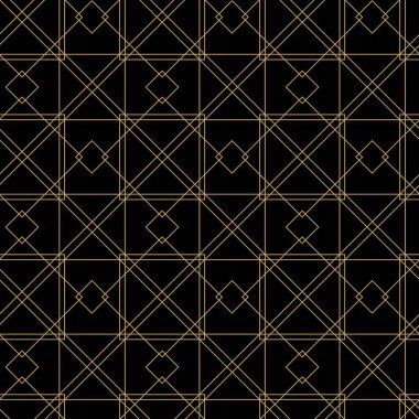 Siyah zemin üzerinde altın çizgiler, kareler ve şekiller olan kusursuz soyut geometrik desen. Kumaş, duvar kağıtları, not defterleri, hediye paketi, ambalaj, kilim ve markalaşma için ideal..