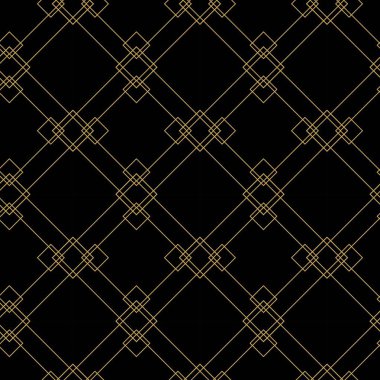 Siyah zemin üzerinde altın çizgiler, kareler ve şekiller olan kusursuz soyut geometrik desen. Kumaş, duvar kağıtları, not defterleri, hediye paketi, ambalaj, kilim ve markalaşma için ideal..