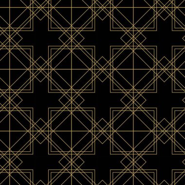 Siyah zemin üzerinde altın çizgiler, kareler ve şekiller olan kusursuz soyut geometrik desen. Kumaş, duvar kağıtları, not defterleri, hediye paketi, ambalaj, kilim ve markalaşma için ideal..