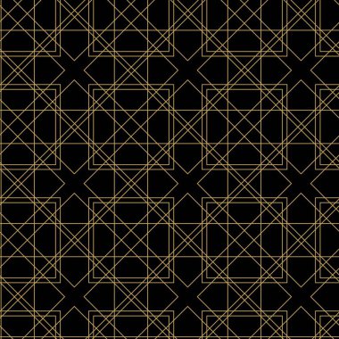 Siyah zemin üzerinde altın çizgiler, kareler ve şekiller olan kusursuz soyut geometrik desen. Kumaş, duvar kağıtları, not defterleri, hediye paketi, ambalaj, kilim ve markalaşma için ideal..