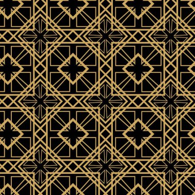 Siyah zemin üzerinde altın çizgiler, kareler ve şekiller olan kusursuz soyut geometrik desen. Kumaş, duvar kağıtları, not defterleri, hediye paketi, ambalaj, kilim ve markalaşma için ideal..