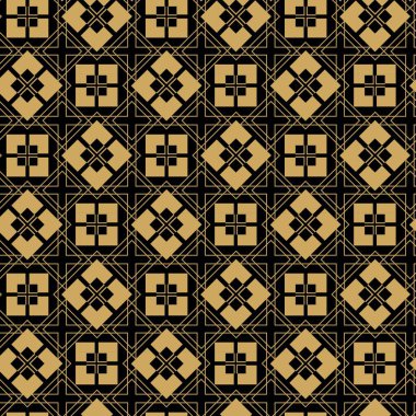 Siyah zemin üzerinde altın çizgiler, kareler ve şekiller olan kusursuz soyut geometrik desen. Kumaş, duvar kağıtları, not defterleri, hediye paketi, ambalaj, kilim ve markalaşma için ideal..