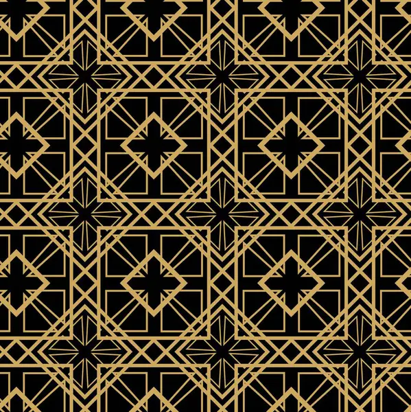 Siyah zemin üzerinde altın çizgiler, kareler ve şekiller olan kusursuz soyut geometrik desen. Kumaş, duvar kağıtları, not defterleri, hediye paketi, ambalaj, kilim ve markalaşma için ideal..