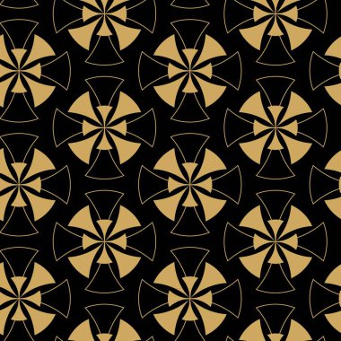 Siyah zemin üzerinde altın çizgiler, daireler ve şekiller olan kusursuz soyut geometrik desen. Kumaş, duvar kağıtları, not defterleri, hediye paketi, ambalaj, kilim ve markalaşma için ideal..
