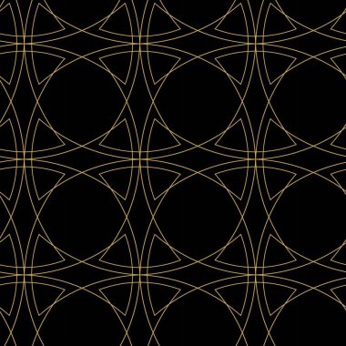 Siyah zemin üzerinde altın çizgiler, daireler ve şekiller olan kusursuz soyut geometrik desen. Kumaş, duvar kağıtları, not defterleri, hediye paketi, ambalaj, kilim ve markalaşma için ideal..