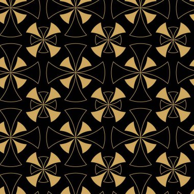 Siyah zemin üzerinde altın çizgiler, daireler ve şekiller olan kusursuz soyut geometrik desen. Kumaş, duvar kağıtları, not defterleri, hediye paketi, ambalaj, kilim ve markalaşma için ideal..