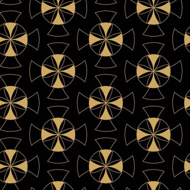 Siyah zemin üzerinde altın çizgiler, daireler ve şekiller olan kusursuz soyut geometrik desen. Kumaş, duvar kağıtları, not defterleri, hediye paketi, ambalaj, kilim ve markalaşma için ideal..