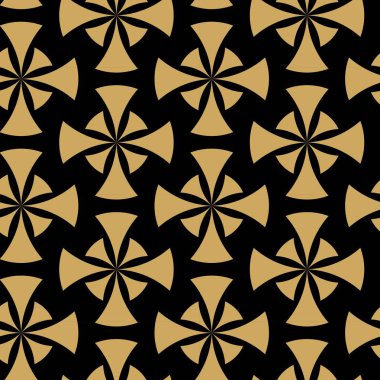Siyah zemin üzerinde altın çizgiler, daireler ve şekiller olan kusursuz soyut geometrik desen. Kumaş, duvar kağıtları, not defterleri, hediye paketi, ambalaj, kilim ve markalaşma için ideal..