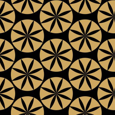 Siyah zemin üzerinde altın çizgiler, daireler ve şekiller olan kusursuz soyut geometrik desen. Kumaş, duvar kağıtları, not defterleri, hediye paketi, ambalaj, kilim ve markalaşma için ideal..