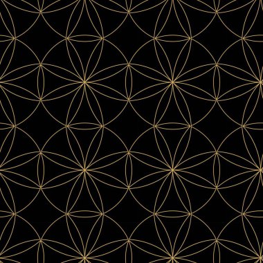 Siyah zemin üzerinde altın çizgiler, daireler ve şekiller olan kusursuz soyut geometrik desen. Kumaş, duvar kağıtları, not defterleri, hediye paketi, ambalaj, kilim ve markalaşma için ideal..