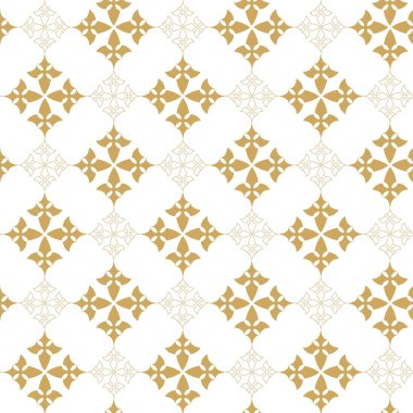 Haçlı, çizgili, çizgili soyut geometrik desen. Kusursuz vektör arkaplanı. Beyaz ve altın süs. Modern retiküle grafik tasarımı.
