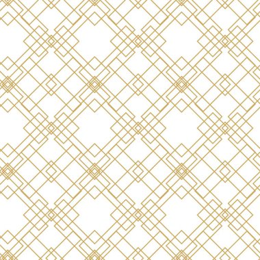 Kareler, haçlar, çizgiler ve çizgilerle soyut geometrik desen. Kusursuz vektör arkaplanı. Beyaz ve altın süs. Modern retiküle grafik tasarımı.