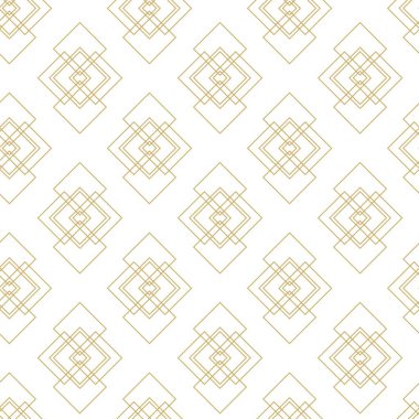 Kareler, haçlar, çizgiler ve çizgilerle soyut geometrik desen. Kusursuz vektör arkaplanı. Beyaz ve altın süs. Modern retiküle grafik tasarımı.