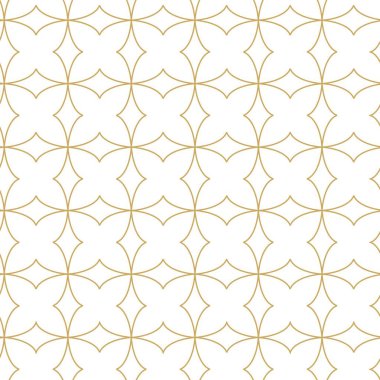Kareler, haçlar, çizgiler ve çizgilerle soyut geometrik desen. Kusursuz vektör arkaplanı. Beyaz ve altın süs. Modern retiküle grafik tasarımı.