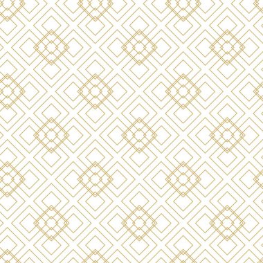 Kareler, haçlar, çizgiler ve çizgilerle soyut geometrik desen. Kusursuz vektör arkaplanı. Beyaz ve altın süs. Modern retiküle grafik tasarımı.