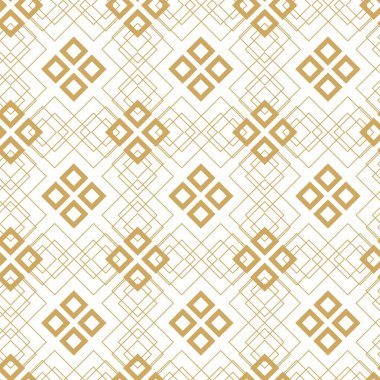 Kareler, haçlar, çizgiler ve çizgilerle soyut geometrik desen. Kusursuz vektör arkaplanı. Beyaz ve altın süs. Modern retiküle grafik tasarımı.