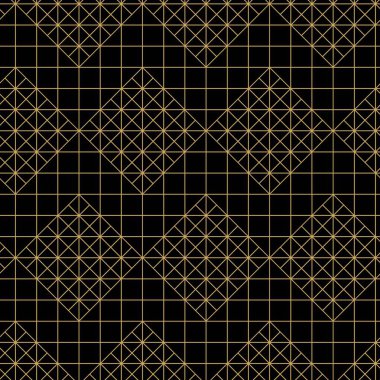 Çapraz çizgiler, üçgenler, kareler soyut arkaplan ile geometrik vektörsüz şablon. Basit minimalist siyah ve altın tasarımı. Tek renk, siyah ve altın..