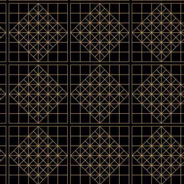 Çapraz çizgiler, üçgenler, kareler soyut arkaplan ile geometrik vektörsüz şablon. Basit minimalist siyah ve altın tasarımı. Tek renk, siyah ve altın..