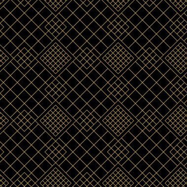 Çapraz çizgiler, üçgenler, kareler soyut arkaplan ile geometrik vektörsüz şablon. Basit minimalist siyah ve altın tasarımı. Tek renk, siyah ve altın..