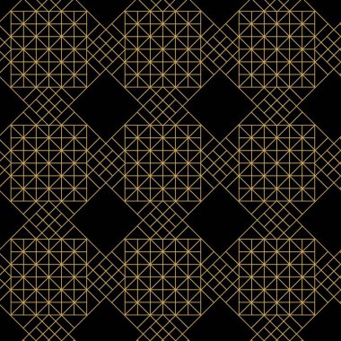 Çapraz çizgiler, üçgenler, kareler soyut arkaplan ile geometrik vektörsüz şablon. Basit minimalist siyah ve altın tasarımı. Tek renk, siyah ve altın..