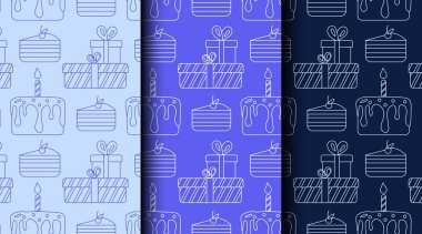 Doğum günü ve parti temaları için mavi monokromda kusursuz ana hatlar dizisi. Paket kağıdı, davetiye, kart ve şenlikli ambalaj için mükemmel.